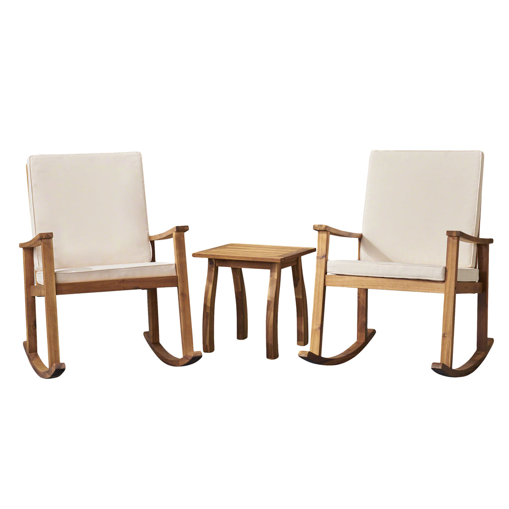 Candel Outdoor Acacia Wood Rocking Chair and Table Set, Teak and Cream Cushions Noble House