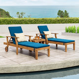 Perla Outdoor Acacia Wood 3 Piece Chaise Lounge Set with Water-Resistant Cushions, Teak and Blue Noble House