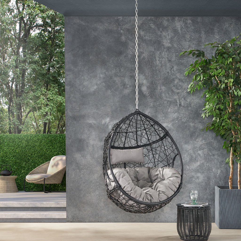 Castaic Outdoor/Indoor Wicker Hanging Chair with 8 Foot Chain (NO STAND), Black and Gray Noble House