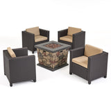 Wentz Outdoor 4 Club Chair Chat Set with Fire Pit, Dark Brown and Beige Noble House