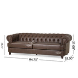 Litch Chesterfield Leather Tufted 3 Seater Sofa with Nailhead Trim, Dark Brown and Brown Noble House