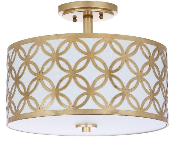 Safavieh Cecily Flush Mount Leaf Trellis 3 Light 15" Gold Off White Cotton Metal Fabric Acylic FLU4003A 889048256040