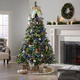 7.5-foot Cashmere Pine and Mixed Needles Pre-Lit Multi-Color LED Hinged Artificial Christmas Tree with Snow and Glitter Branches and Frosted Pinecones
