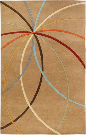 Forum FM-7140 Modern Wool Rug FM7140-58 Tan, Dark Brown, Coral, Khaki, Dark Green, Dark Red, Mustard, Denim, Aqua 100% Wool 5' x 8'