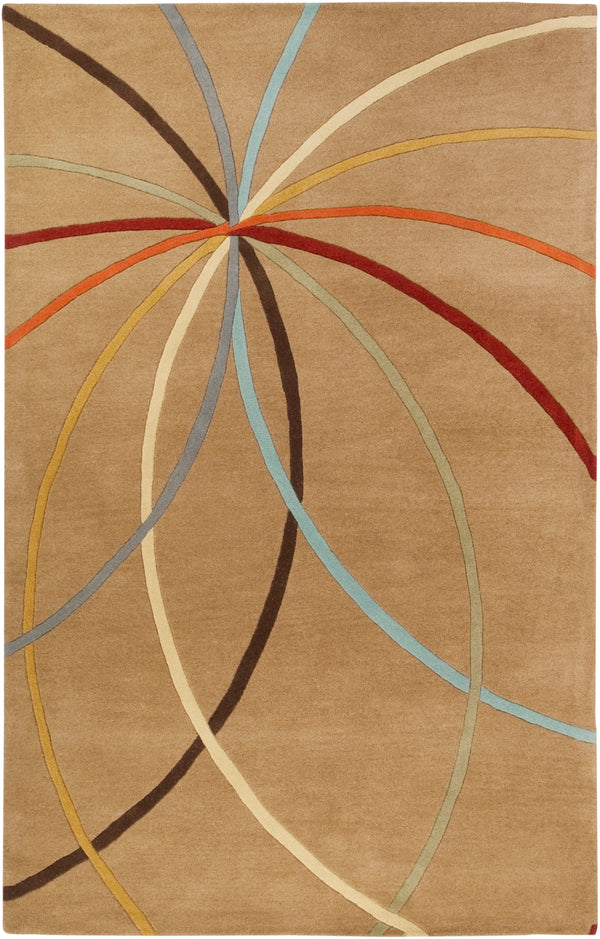 Forum FM-7140 Modern Wool Rug FM7140-58 Tan, Dark Brown, Coral, Khaki, Dark Green, Dark Red, Mustard, Denim, Aqua 100% Wool 5' x 8'