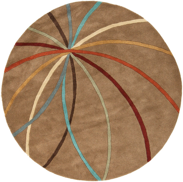 Forum FM-7140 Modern Wool Rug FM7140-99RD Tan, Dark Brown, Coral, Khaki, Dark Green, Dark Red, Mustard, Denim, Aqua 100% Wool 9'9" Round