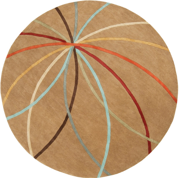Forum FM-7140 Modern Wool Rug FM7140-8RD Tan, Dark Brown, Coral, Khaki, Dark Green, Dark Red, Mustard, Denim, Aqua 100% Wool 8' Round