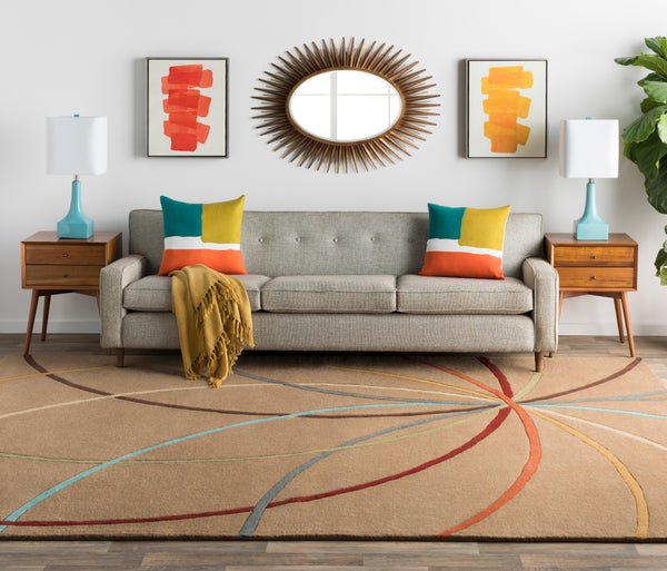 Forum FM-7140 Modern Wool Rug FM7140-99SQ Tan, Dark Brown, Coral, Khaki, Dark Green, Dark Red, Mustard, Denim, Aqua 100% Wool 9'9" Square