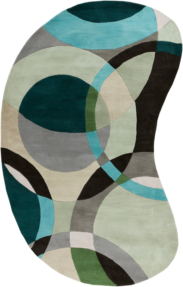Forum FM-7157 Modern Wool Rug FM7157-69KDNY Dark Green, Ivory, Black, Medium Gray, Mint, Aqua 100% Wool 6' x 9' Kidney