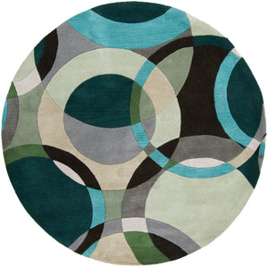 Forum FM-7157 Modern Wool Rug FM7157-99RD Dark Green, Ivory, Black, Medium Gray, Mint, Aqua 100% Wool 9'9" Round