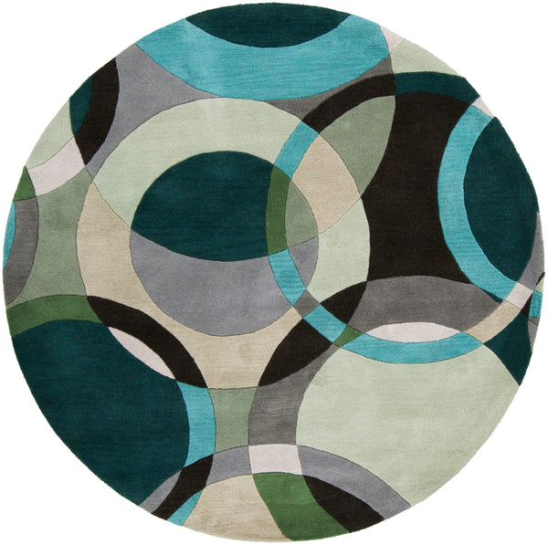 Forum FM-7157 Modern Wool Rug FM7157-99RD Dark Green, Ivory, Black, Medium Gray, Mint, Aqua 100% Wool 9'9" Round