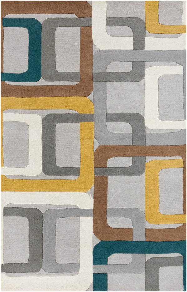 Forum FM-7159 Modern Wool Rug FM7159-58 Dark Green, Medium Gray, Saffron, Dark Brown, Light Gray, Ivory 100% Wool 5' x 8'