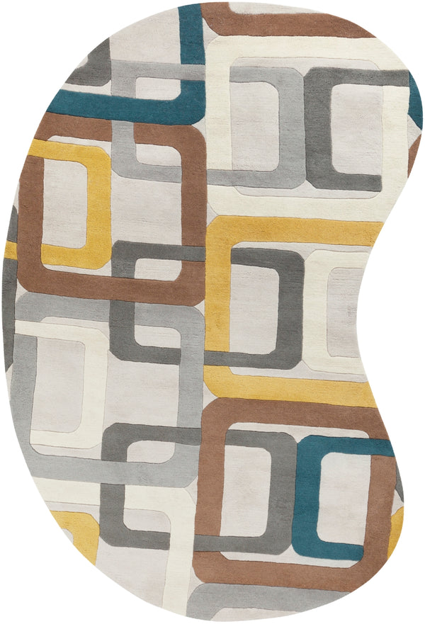 Forum FM-7159 Modern Wool Rug FM7159-69KDNY Dark Green, Medium Gray, Saffron, Dark Brown, Light Gray, Ivory 100% Wool 6' x 9' Kidney