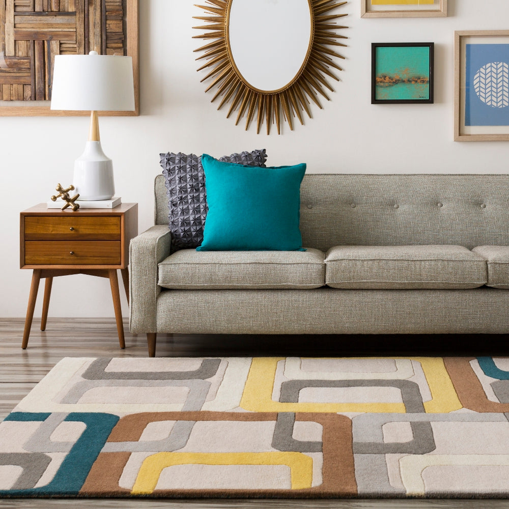 Forum FM-7159 Modern Wool Rug FM7159-912 Dark Green, Medium Gray, Saffron, Dark Brown, Light Gray, Ivory 100% Wool 9' x 12'
