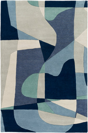 Forum FM-7195 Modern Wool Rug FM7195-912 Teal, Navy, Denim, Ivory, Light Gray, Dark Blue 100% Wool 9' x 12'