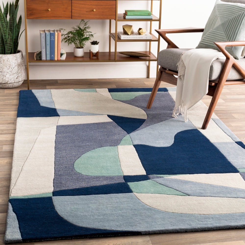 Forum FM-7195 Modern Wool Rug FM7195-912 Teal, Navy, Denim, Ivory, Light Gray, Dark Blue 100% Wool 9' x 12'