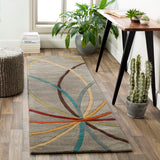 Forum FM-7215 Modern Wool Rug FM7215-268 Sage, Teal, Khaki, Tan, Burnt Orange, Dark Red, Olive, Dark Brown, Camel 100% Wool 2'6" x 8'