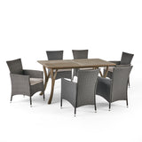 Bennett Outdoor 7 Piece Wood and Wicker Dining Set, Gray and Gray Noble House