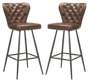 Safavieh - Set of 2 - Aster Bar Stool 30"H Modern Leather Tufted Mid Century Burgundy Black Metal Foam Steel PU Poly Cotton FOX1703A-SET2 889048214897