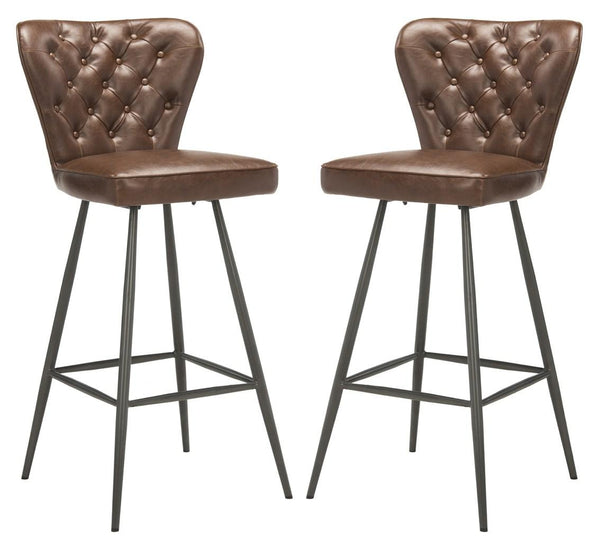 Safavieh - Set of 2 - Aster Bar Stool 30"H Modern Leather Tufted Mid Century Burgundy Black Metal Foam Steel PU Poly Cotton FOX1703A-SET2 889048214897