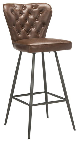 Safavieh - Set of 2 - Aster Bar Stool 30"H Modern Leather Tufted Mid Century Burgundy Black Metal Foam Steel PU Poly Cotton FOX1703A-SET2 889048214897