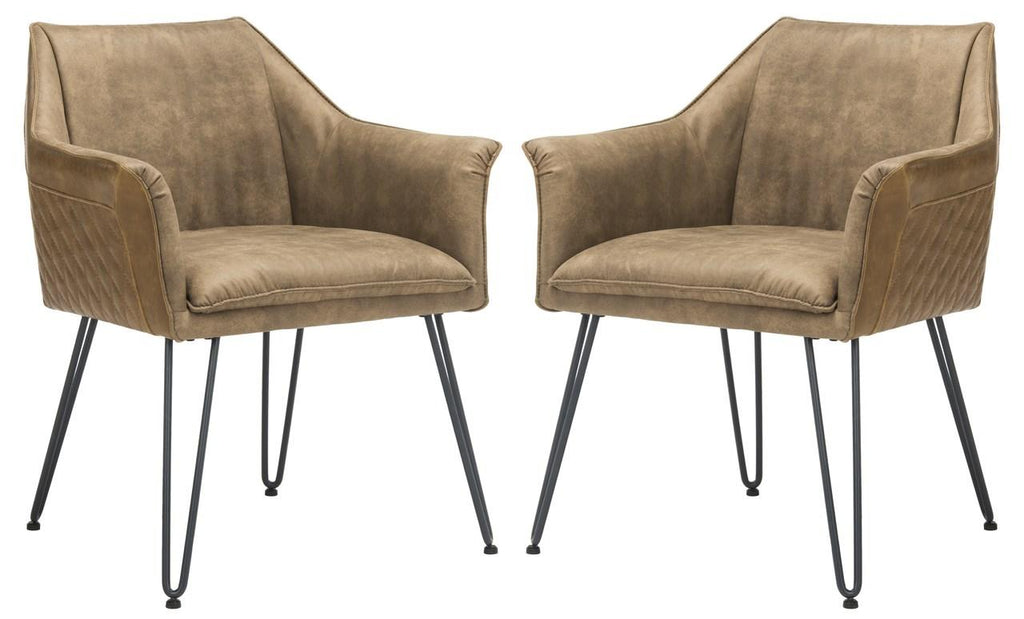Safavieh - Set of 2 - Esme Dining Chair Modern Leather Mid Century Light Brown Black Metal Foam Steel PU Poly Cotton FOX1705A-SET2 889048214903
