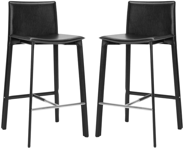Safavieh - Set of 2 - Janet Bar Stool 28.5" H Black Chrome Metal Iron Bonded Leather FOX2004B-SET2 683726533849