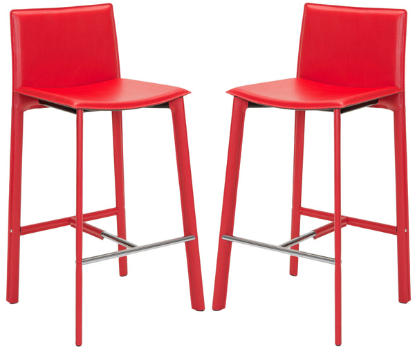Safavieh - Set of 2 - Janet Bar Stool 28.5" H Red Chrome Metal Iron Bonded Leather FOX2004R-SET2 683726533863