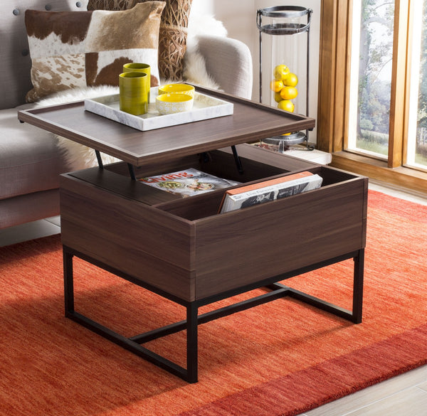 Safavieh Kristie Coffee Table Contemporary Lift Top Dark Oak Black Wood PVC MDF Metal Tube FOX2240A 889048431928