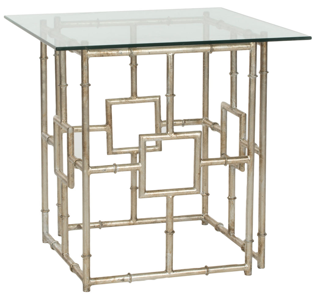Safavieh Dermot Accent Table Glass Top Silver Clear Metal Lacquer Coating Iron FOX2518A 683726436911