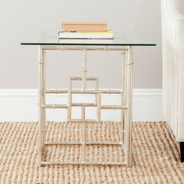 Safavieh Dermot Accent Table Glass Top Silver Clear Metal Lacquer Coating Iron FOX2518A 683726436911