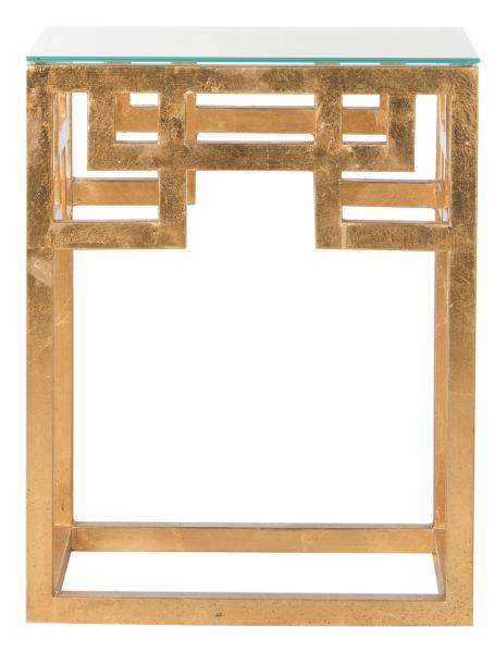 Safavieh Byram End Table Greek Key Glass Top Antique Gold Metal Lacquer Coating Iron FOX2574A 889048001107