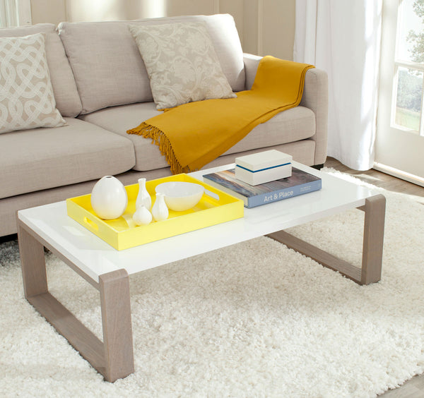 Safavieh Bartholomew Coffee Table Mid Century Scandinavian White Grey Wood Lacquer Coating MDF FOX4210B 683726345183