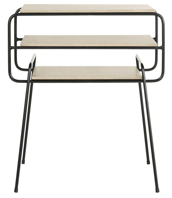 Safavieh Marcel End Table Retro Mid Century Three Tier Light Oak Black Wood NC Coating Powder MDF Iron FOX4252A 889048200418
