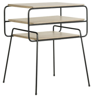 Safavieh Marcel End Table Retro Mid Century Three Tier Light Oak Black Wood NC Coating Powder MDF Iron FOX4252A 889048200418