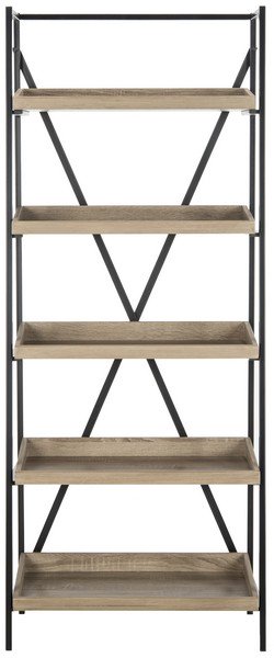 Safavieh Joel Etagere Retro Mid Century 5 Tier Oak Black Wood NC Coating Powder MDF Paper Foil Finish Iron FOX4272A 889048428751