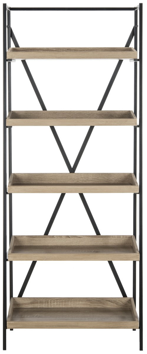 Safavieh Joel Etagere Retro Mid Century 5 Tier Oak Black Wood NC Coating Powder MDF Paper Foil Finish Iron FOX4272A 889048428751