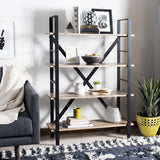 Safavieh Raylan Etagere Retro Midcentury 4 Tier Oak Black Wood NC Coating Powder MDF W Laminate Iron FOX4276A 889048428799