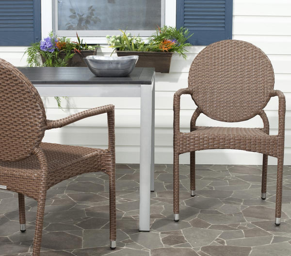 Safavieh - Set of 2 - Valdez Side Chair Indoor Outdoor French Bistro Stacking Brown Silver Rattan PE Wicker Aluminium FOX5205A-SET2 683726771432
