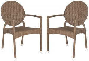 Safavieh - Set of 2 - Valdez Side Chair Indoor Outdoor French Bistro Stacking Brown Silver Rattan PE Wicker Aluminium FOX5205A-SET2 683726771432