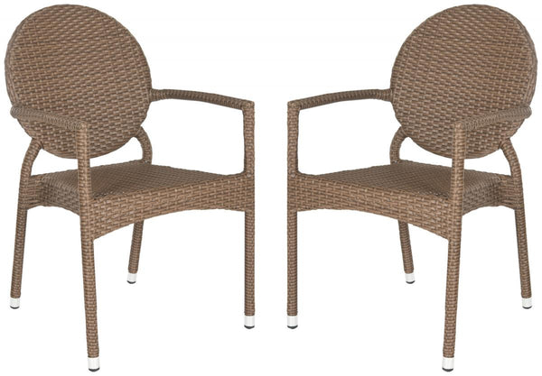 Safavieh - Set of 2 - Valdez Side Chair Indoor Outdoor French Bistro Stacking Brown Silver Rattan PE Wicker Aluminium FOX5205A-SET2 683726771432