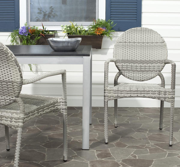 Safavieh - Set of 2 - Valdez Side Chair Indoor Outdoor French Bistro Stacking Grey Silver Rattan PE Wicker Aluminium FOX5205B-SET2 683726771487