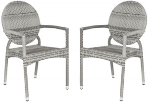 Safavieh - Set of 2 - Valdez Side Chair Indoor Outdoor French Bistro Stacking Grey Silver Rattan PE Wicker Aluminium FOX5205B-SET2 683726771487