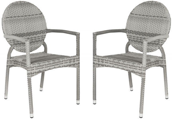 Safavieh - Set of 2 - Valdez Side Chair Indoor Outdoor French Bistro Stacking Grey Silver Rattan PE Wicker Aluminium FOX5205B-SET2 683726771487