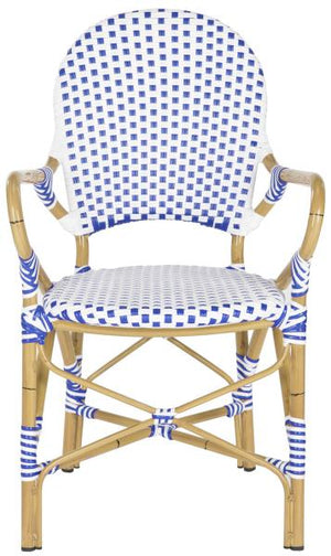 Safavieh - Set of 2 - Hooper Arm Chair Indoor Outdoor Stacking Blue White Light Brown Rattan PE Wicker Aluminium FOX5209A-SET2 683726782308
