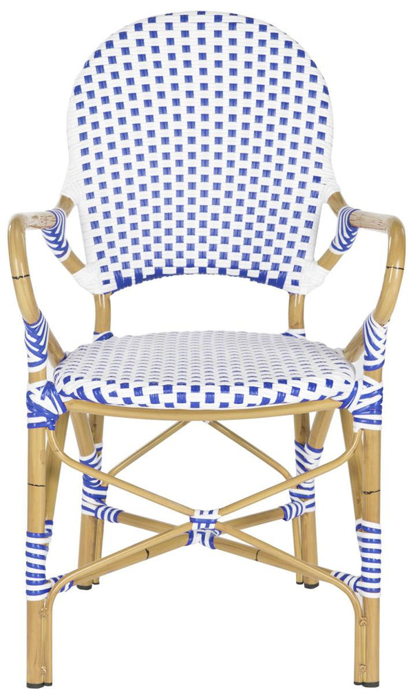 Safavieh - Set of 2 - Hooper Arm Chair Indoor Outdoor Stacking Blue White Light Brown Rattan PE Wicker Aluminium FOX5209A-SET2 683726782308