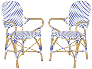 Safavieh - Set of 2 - Hooper Arm Chair Indoor Outdoor Stacking Blue White Light Brown Rattan PE Wicker Aluminium FOX5209A-SET2 683726782308
