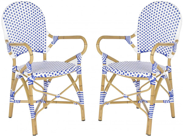 Safavieh - Set of 2 - Hooper Arm Chair Indoor Outdoor Stacking Blue White Light Brown Rattan PE Wicker Aluminium FOX5209A-SET2 683726782308