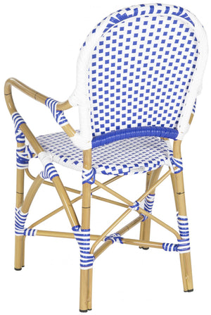 Safavieh - Set of 2 - Hooper Arm Chair Indoor Outdoor Stacking Blue White Light Brown Rattan PE Wicker Aluminium FOX5209A-SET2 683726782308