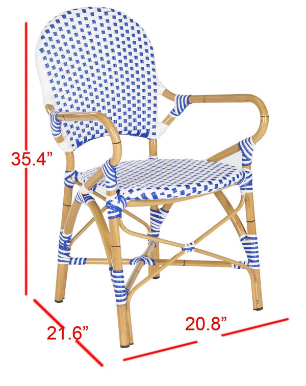 Safavieh - Set of 2 - Hooper Arm Chair Indoor Outdoor Stacking Blue White Light Brown Rattan PE Wicker Aluminium FOX5209A-SET2 683726782308